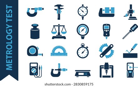 Metrology testing and calibration tools icon set. Flat vector symbol collection with micrometer, dial gauge, weights, protractor, multimeter and stand signs. Editable graphic design elements for measurement lab websites, mobile apps, infographics, banners and presentations. Simple isolated pictograms in blue tones on white background.