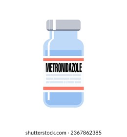 Metronidazole generic drug name. It is an antibiotic and antiprotozoal medication for treatment of dracunculiasis, giardiasis, trichomoniasis, and amebiasis. Medicine vial illustration.