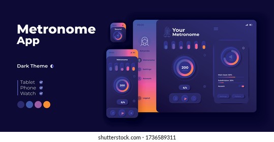 Plantilla de diseño adaptable del vector de pantalla de aplicación de Metronome. Interfaz de modo nocturno de instrumentos de soporte de ritmo musical con caracteres planos. Golpea por minuto control smartphone, tablet, smart watch cartoon UI