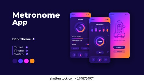 Metronome application cartoon smartphone interface vector templates set. Mobile app screen page night mode design. Volume and BPM parameters UI for application. Phone display with flat character