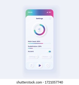 Metronome application settings smartphone interface vector template. Mobile app page light design layout. Parameters adjustment screen. Flat UI for application. Volume and BPM amount on phone display