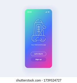 Metronome Anwendung Smartphone Schnittstelle Vektorvorlage. Mobile App Seite Lichtdesign Layout. Begrüßungsseite, Anmelden-Bildschirm. Flachbild-Benutzeroberfläche für Anwendungen. Start und Anmeldung der Tasten auf der Telefonanzeige