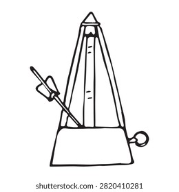 Metronome hand drawn illustration, mechanical music tempo tool line doodle, piano lesson sketch isolated, vector art
