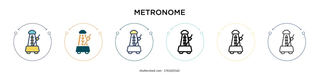 Metronome icon in filled, thin line, outline and stroke style. Vector illustration of two colored and black metronome vector icons designs can be used for mobile, ui, web