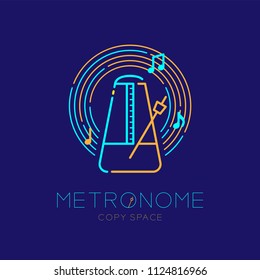 Metronome, music note with line staff circle shape logo icon outline stroke set dash line design illustration isolated on dark blue background with metronome text and copy space