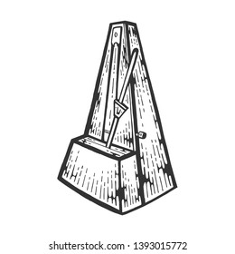 Metronome tool engraving vector illustration. Scratch board style imitation. Black and white hand drawn image.