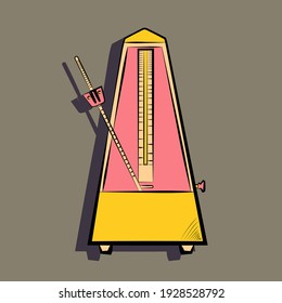 metronome in yellow and pink tones hand drawing outline symbol icon on dark background. Vector