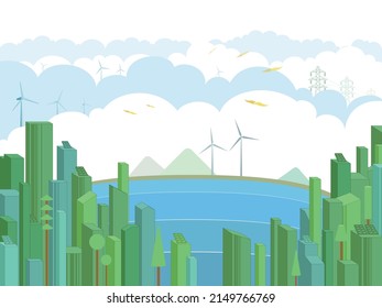 Metropolis 2 with ECO elements and sea shows the importance of ecology vector illustration graphic EPS 10