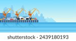 Metropolis cargo seaport with freight cranes on shore, loading, unloading containers, warehouse hangars, terminal control center building. Vector illustration in flat style