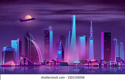 Metropolis night cityscape cartoon vector. Skyscrapers, old town buildings and one-storey cottages on river shore neon colors illustration. Diversity of modern city architecture, real estate property
