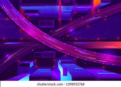 Metropolis night freeway neon colors, top view cartoon vector. Cars going in two level highway with junction and overpass among illuminated skyscrapers illustration. Modern city road infrastructure