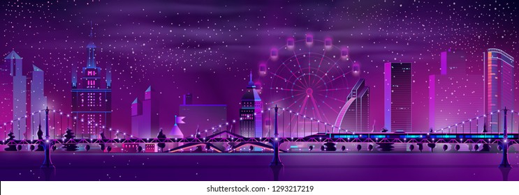 Metropolis night landscape neon color cartoon vector panoramic urban background. Illuminated skyscrapers buildings, Ferris wheel, subway train on bridge in foggy and snowy winter weather illustration