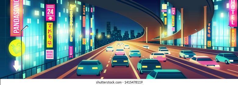 Metropolis nightlife cartoon vector background with cars going on four-line highway or freeway illuminated with bright neon signboards at night illustration. City outdoor visual advertising concept