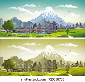 The metropolis on the background of mountains and volcano - landscape, view from the hill. Vector illustration