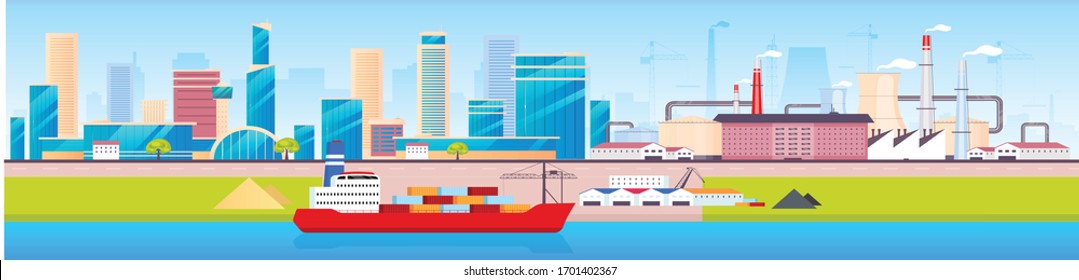 Metropolis panorama flat color vector illustration. Modern city 2D cartoon landscape with skyscrapers and chimneys on background. Cargo ship docked near urban power plant. Business center scenery