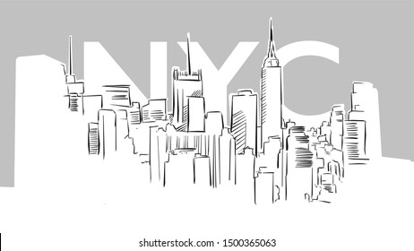 Metropolis Panorama Skyline Vector Sketch. Hand Drawn Illustration on grey background.