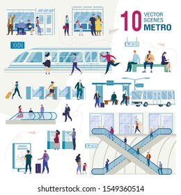 Metropolis Public Transport System Infrastructure, City Subway Trendy Flat Vectors Set. Metro Passengers, Tourists Characters with Baggage, Waiting Train on Subway Station Illustrations Collection