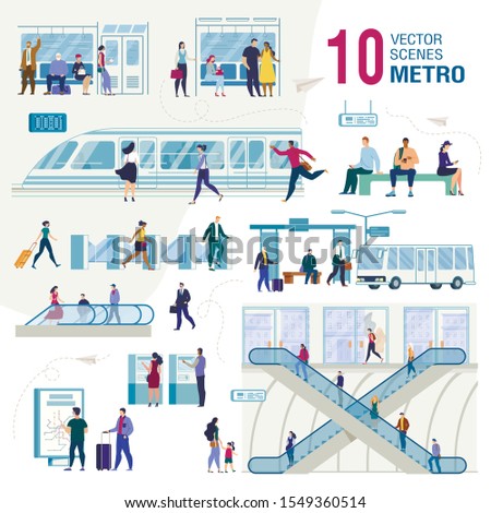 Metropolis Public Transport System Infrastructure, City Subway Trendy Flat Vectors Set. Metro Passengers, Tourists Characters with Baggage, Waiting Train on Subway Station Illustrations Collection