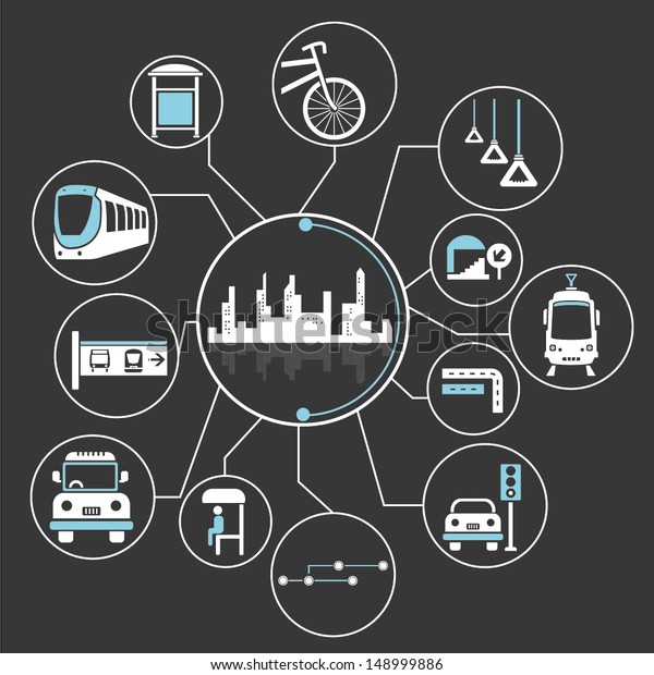 metropolis and public transportation concept mind\
mapping, info graphic,\
black