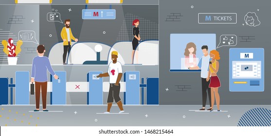 Metropolis, Rapid Transit, Subway Station Entrance Flat Vector. Public Transport Passengers Entering Underground Station, Buying Tickets, Walk Through Tourniquet, Standing on Escalator Illustration