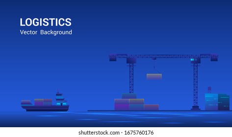Metropolis seaport Sea Transportation Logistic. Skyscrapers on shore, cargo ship with shipping containers, Global business, international trade concept. vector illustration
