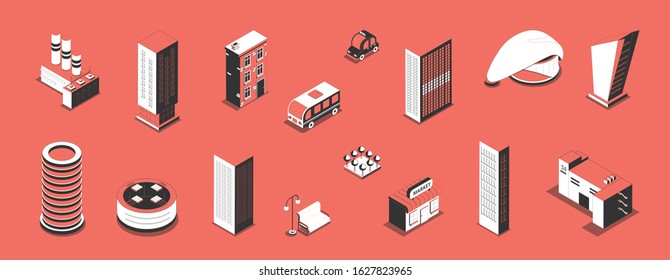 Metropolis set with isolated isometric icons and images of modern urban buildings and cars with shadows vector illustration