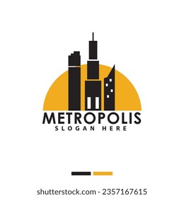 Plantilla de diseño de logotipo simple de Metropolis, concepto de diseño de logotipo moderno con edificios en la ciudad y el sol detrás del edificio, adecuado para la construcción de marca y logotipos de empresa.