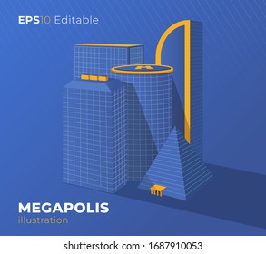 Metropolis. Skyscrapers and tall buildings. Business center. Vector illustration. Helipad on the roof. Pyramid among the skyscrapers.