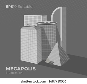 Metropolis. Skyscrapers and tall buildings. Business center. Vector illustration. Helipad on the roof. Pyramid among the skyscrapers.