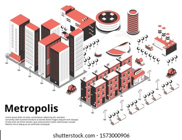 Metropolis street isometric background with text and birds eye view of modern city block with cars vector illustration