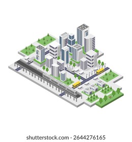 Transporte de metrópole com trilhos isométricos elevados ilustrados em fundo branco