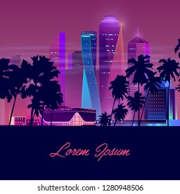 Metropolis in tropics cartoon vector banner in neon colors. Resort city nightlife concept with illuminated skyscrapers, mall, shopping center or casino building, palm trees silhouettes illustration