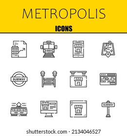 conjunto de iconos de línea vectorial de metrópolis. Iconos inmobiliarios, subterráneos y inmobiliarios. Diseño delgado de línea. Elementos gráficos de contorno modernos, símbolos de trazo simple ilustración de fondo