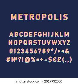 Metropolis vintage 3d vector alphabet set. Retro bold font, typeface. Pop art stylized lettering. Old school style letters, numbers, symbols pack. 90s, 80s creative typeset design template