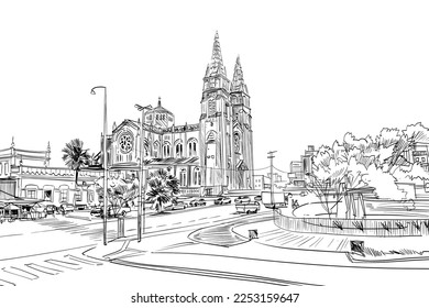 Catedral Metropolitana de Fortaleza. Brasil. Sudamérica.  Esbozo de ciudad dibujado a mano. Ilustración vectorial.