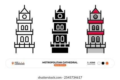 Metropolitan Cathedral Line Icon. Sucre Bolivia, Capital Color Symbol, Silhouette, Editable Stroke.
