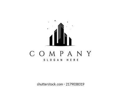 metropolitan city logo with skyscrapers decorated with sparkling stars in flat design style concept