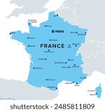 Metropolitan France, political map with capital Paris. Area of European France, which is geographically in Europe, compromising the mainland, Corsica and nearby French islands in the Atlantic Ocean.