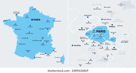 Metropolitan France silhouette, and Paris, a department and the capital city, political map. European France, compromising the mainland and Corsica, and Petite Couronne, inner ring of Ile-de-France.