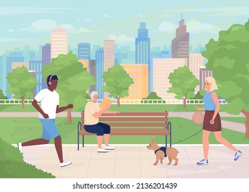 Metropolitan Park With Visitors Flat Color Vector Illustration. Jogging And Reading. Green Space. People Enjoying Outdoor Activities 2D Simple Cartoon Characters With Cityscape On Background