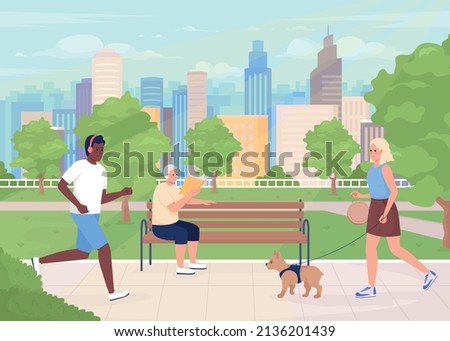 Metropolitan park with visitors flat color vector illustration. Jogging and reading. Green space. People enjoying outdoor activities 2D simple cartoon characters with cityscape on background