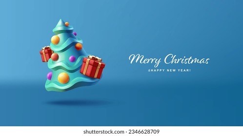 Metty Christmas greeting card with Christmas tree and red gift boxes 3d render illustration, tree with decor and star top