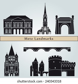 Metz landmarks and monuments isolated on blue background in editable vector file