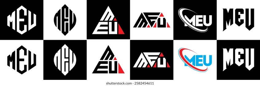 MEU letter logo design in six style. MEU polygon, circle, triangle, hexagon, flat and simple style with black and white color variation letter logo set in one artboard. MEU minimalist and classic logo