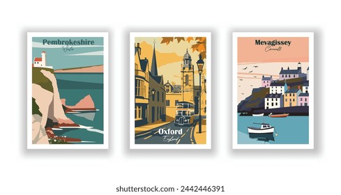 Mevagissey, Cornwall. Oxford, England. Pembrokeshire, Wales - Set of 3 Vintage Travel Posters. Vector illustration. High Quality Prints