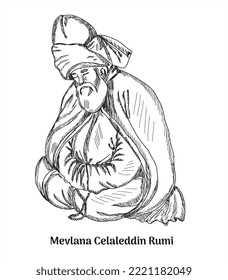 Mevlana Celaleddin Rumi hand drawing vector illustration 