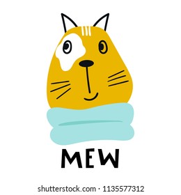 Mew - Cute hand drawn nursery poster with cartoon cat character and lettering in scandinavian style. Vector illustration.