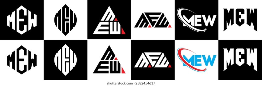 MEW letter logo design in six style. MEW polygon, circle, triangle, hexagon, flat and simple style with black and white color variation letter logo set in one artboard. MEW minimalist and classic logo