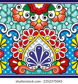 Mexcian Talavera seamless vector pattern - decorative floral pottery or ceramics style - wallpaper, textile or fabric print
