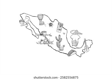 Mexica map silhouette with sights vector monochrome illustration painted by black inks. Mexican clothing, musical instruments, cuisine food, drinks, plants. For tourist advertising brochures.